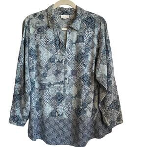 J. Jill Blouse Popover Top Long Sleeves Blue Mixed Print Collar Plus Sz 2X